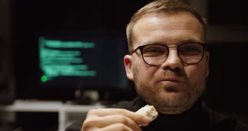 Eating Snack While AI Works in Background, Productivity Concept