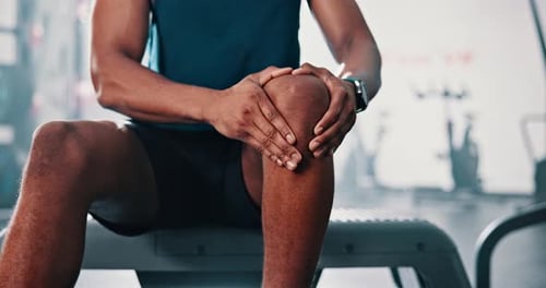 Gym, knee pain and man with fitness, leg injury and sports with athlete orthopedic problem