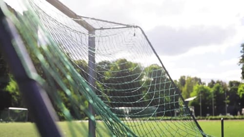 Soccer ball flies into the net during an exciting football game on the field