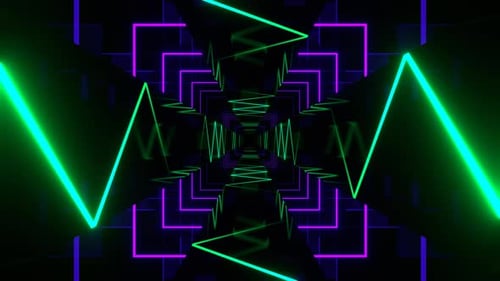 Purple And Turquoise Neon Curve Moving In Mirror Tunnel Background Vj Loop In 4K
