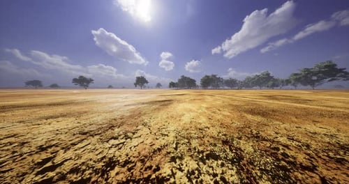 Dry Desert Landscape Under Bright Sky with Scattered Trees and Fluffy Clouds