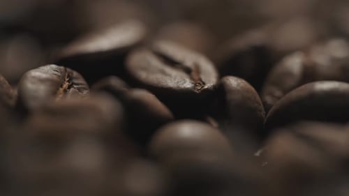 Fresh coffee beans scattered on a wooden table slow motion.