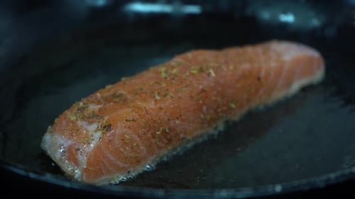 Seasoned Salmon Cooking in a Pan, Close Up