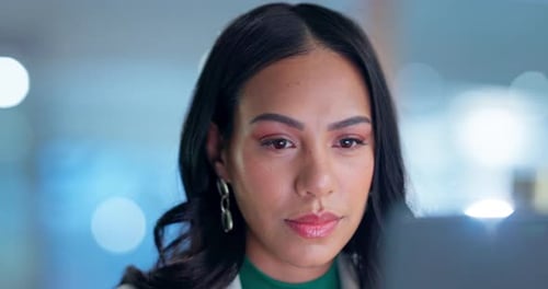 Computer, reading and business woman in the office doing research for legal corporate project