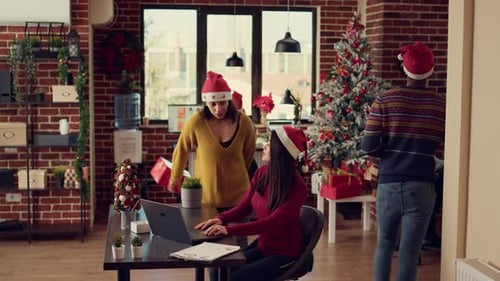 Christmas Gift Exchange and Hug in Office