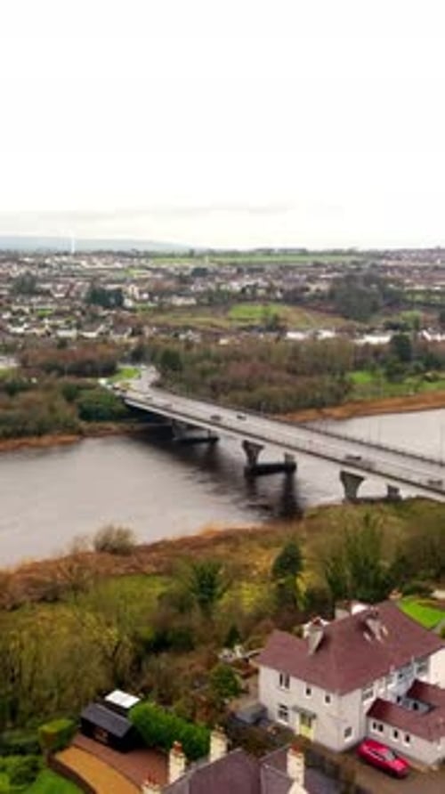 Travelling social ratio ratio vertical aerial video of Coleraine in Northern Ireland in the UK