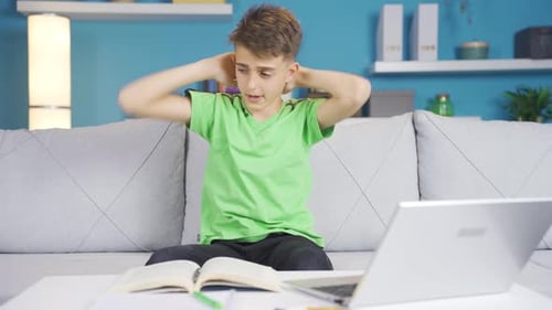 Boy Struggling with Homework While Studying at Home