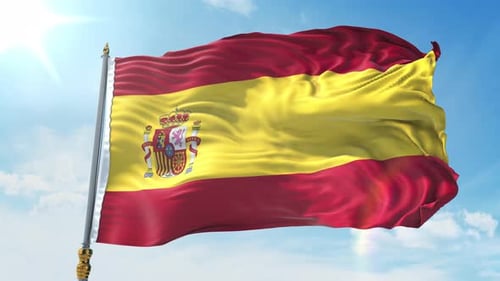 Realistic Waving Spanish Flag on Sunny Sky Background