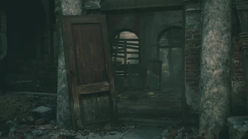 Cinematic Old Door Opening in Derelict Ruin Reveal