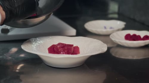 Arranging Tuna Cubes on Plate before Serving in Restaurant Kitchen