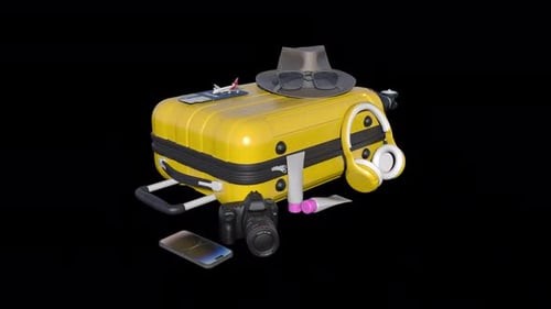 3D Animated Rotating Yellow Suitcase and Travel Accessories