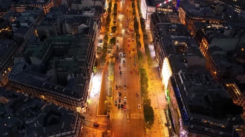 Aerial night shot of Avenue des Champs-Elysees in Paris, France