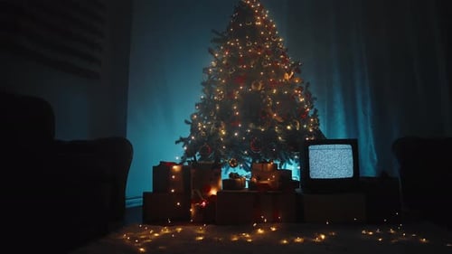 Christmas Tree and Tv with Static Noise in the Room