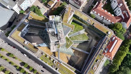 Drone shot of a modern office complex in Hanover, Germany