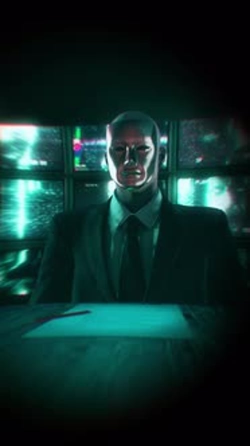 Futuristic Glitch AI Humanoid Monitors Data in Cyberpunk Setting