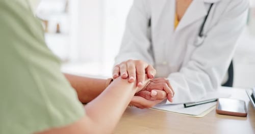 Doctor, patient and hands for support, trust and comfort in clinic with help, advice and care