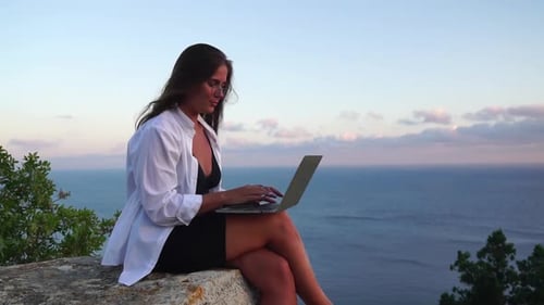 Woman Laptop Sea Working Remotely on Seashore Happy Successful Woman Female Freelancer Working on