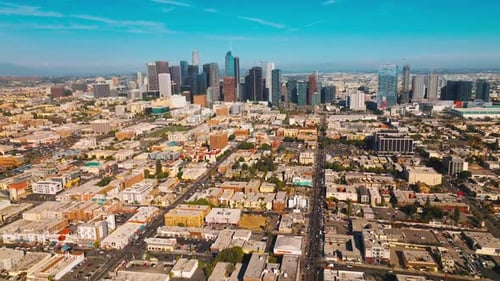 Los Angeles skyscrapers standing out from low architecture of the metropolis.