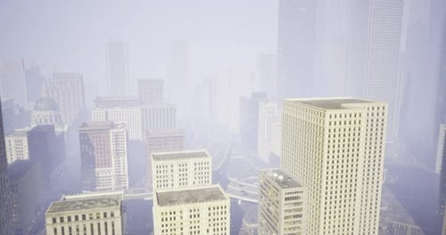 Modern Corporate Cityscape Aerial Flyover Through Fog
