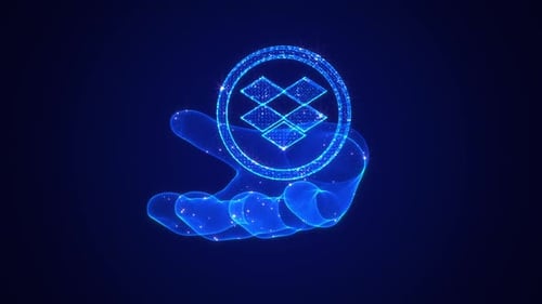 Futuristic Blue Hologram Hand Holding Rotating Digital Logo