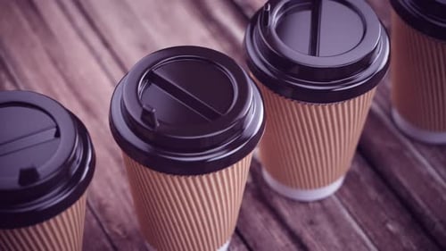 Row of Coffee Paper Plastic Cups on Wooden Table in a Fast Food Restaurant 3d Animation