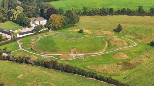 Irish heritage site of Knowth megalithic passage tomb from Neolith, prehistoric Ireland. Drone