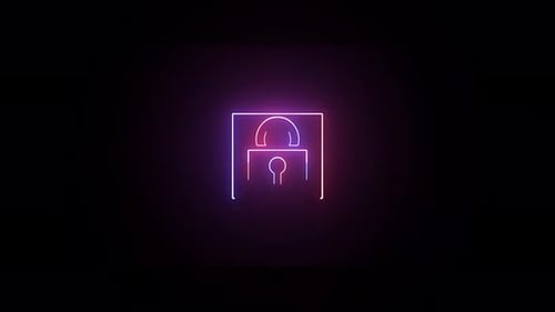 technology analog locked icon animated .cybersecurity safety digital neon background