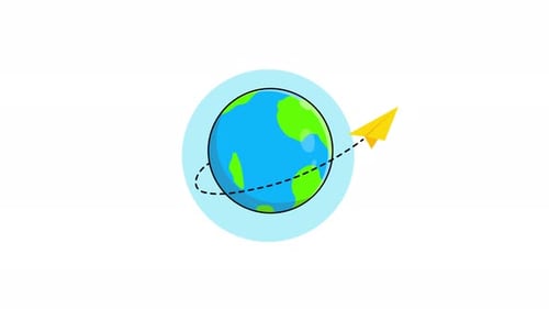 Animated Flat Design Paper Airplane Circling the World Globe