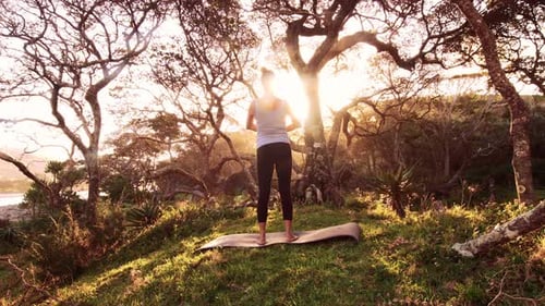 Junge Frau praktiziert Yoga und Meditation in ruhiger Natur bei Sonnenaufgang