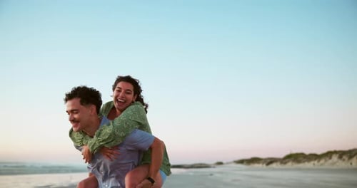 Sea, piggyback and couple on vacation, travel and exploration in nature for romance