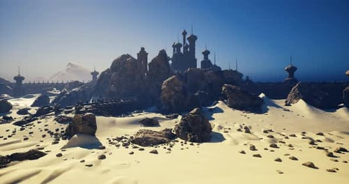Surreale Science-Fiction-Umgebung mit Alien-Architektur und blauem Himmelshintergrund