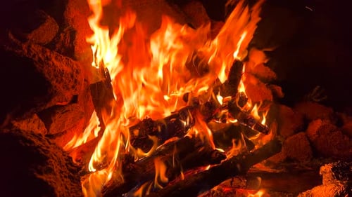 Big burning camp fire, hot flames, burning wood sticks and logs, forest and nature camping trip, 4K