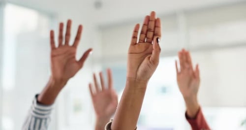 Business people, group and hands raised for question in office with startup workshop
