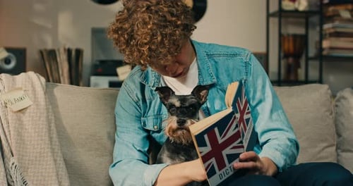 Ein Junge mit einem Hund auf dem Schoß liest ein englisches Wörterbuch, lernt für einen Test und umarmt den Vierbeiner