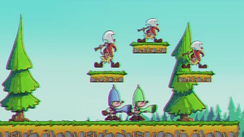 Retro Arcade 2D Game Interface with Two Military Men Winning Boss