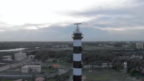 4k aerial view of a Lighthouse near the port harbor shot with a drone in Pondicherry, India