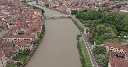 Aerial View of the Cityscape of Verona on Both Banks of the Adige River Italy