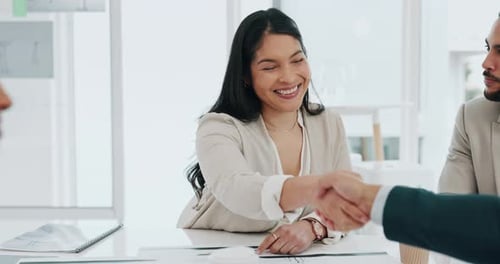 Business people, handshake and meeting in partnership, deal agreement or b2b in teamwork at office