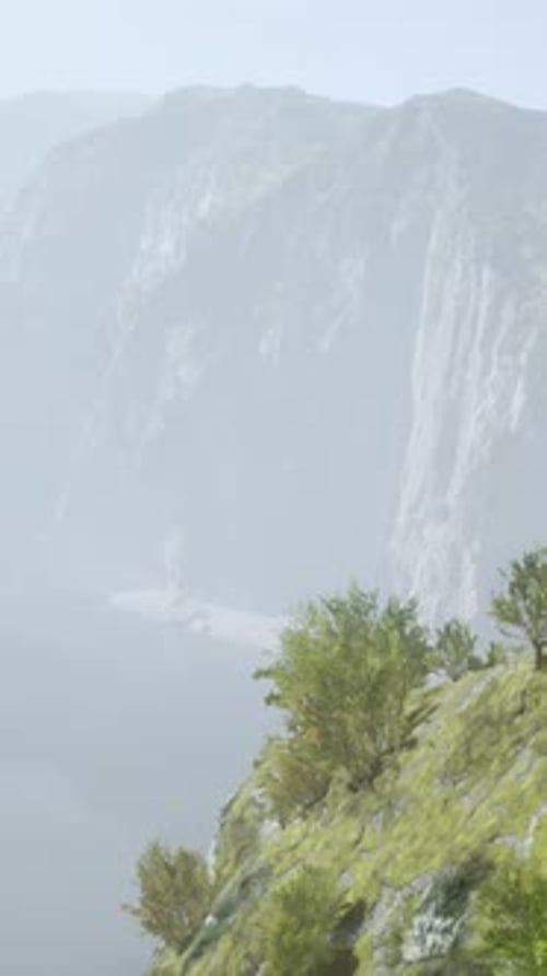 A Misty Mountain Landscape with Trees on the Side