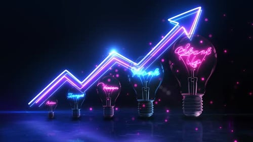 Business Growth Concept with Increasing Light Bulbs and Neon Arrow