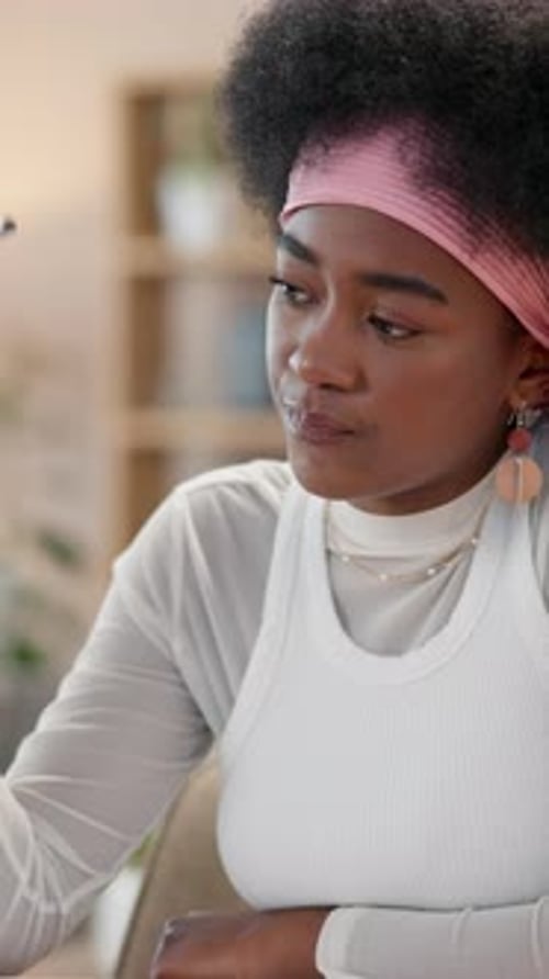 House, black woman and student with education, thinking and problem solving with solution
