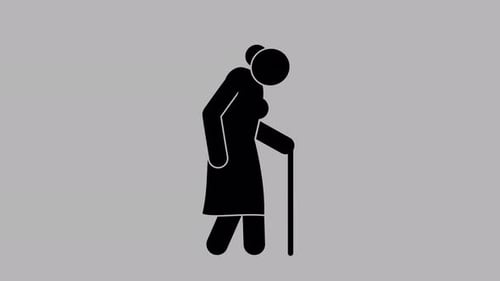Flat Design Animated Icon of an Elderly Woman Walking with a Cane
