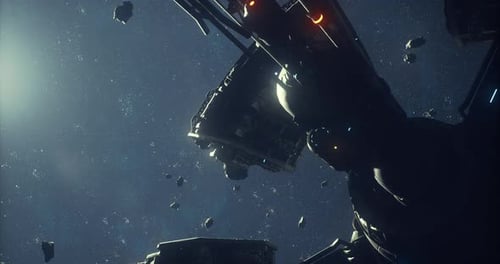 Operación de minería de asteroides en el espacio profundo con maquinaria y naves futuristas