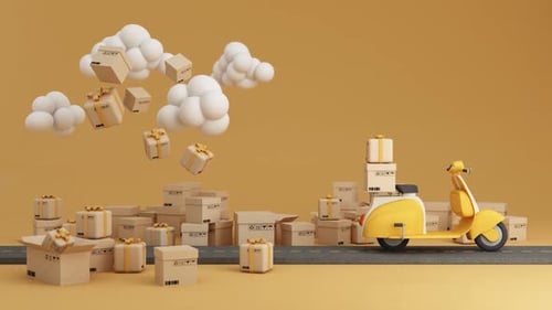 Animated Delivery Scooter with Flying Parcels and Shipping Boxes