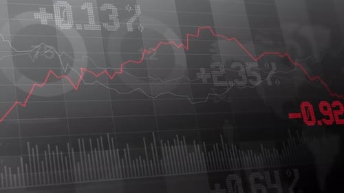 Abstract grayscale cryptocurrency trading dashboard with falling and rising red candlestick lines, b