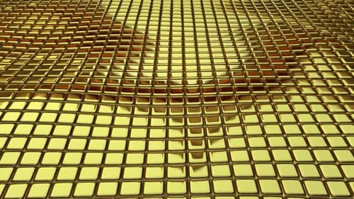 Luxus-Hintergrund mit einem schwebenden Feld aus Goldwürfeln, Figuren, exklusiv, 3D-Render, Reflexion