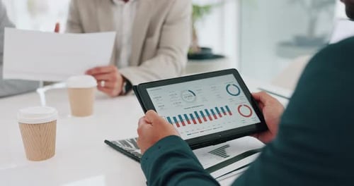 Business people, tablet and hands in data analytics, meeting or graph and chart discussion