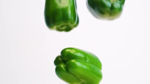 Fresh green whole bell peppers, produce falling on white backdrop and bouncing in slow motion
