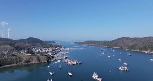 Paisagem panorâmica do oceano e porto da costa oeste, Boryeong, Coreia do Sul