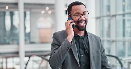 Corporate, phone call and black man with connection, happy and professional in an airport